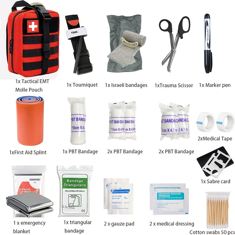 Emergency first aid kit with a vital tourniquet, essential for camping, hiking, travel, & wilderness survival.