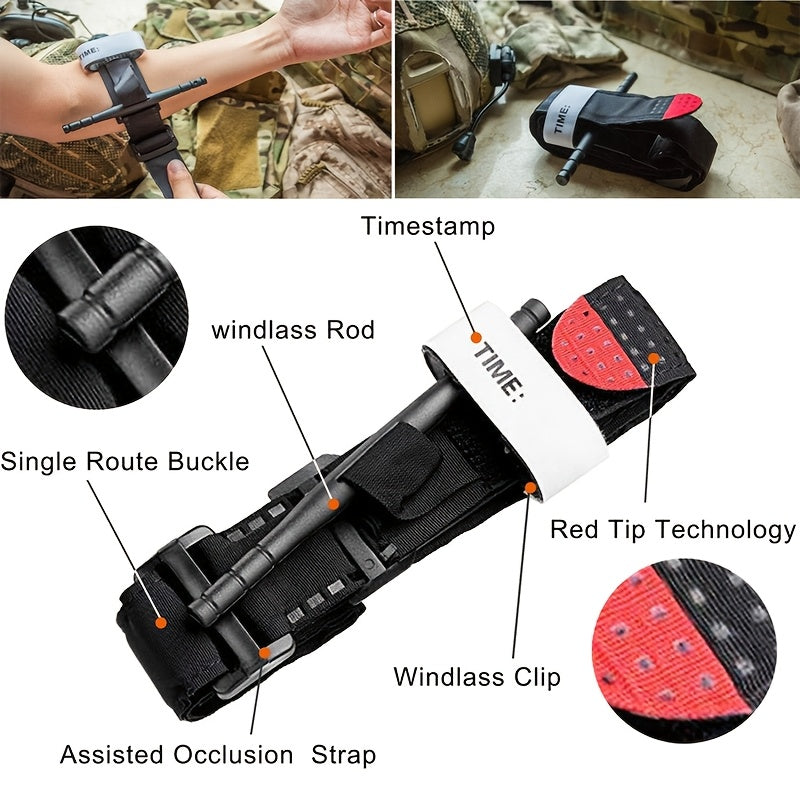 Wilderness survival first aid kit with tourniquet, emergency essentials for hiking, camping, and outdoor safety.