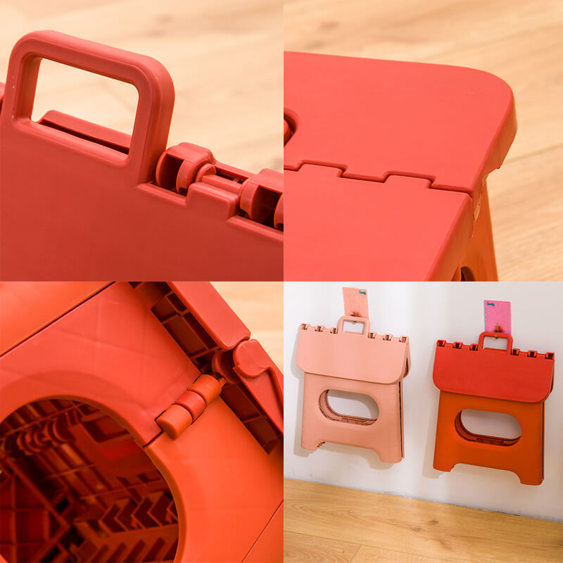 "Compact folding step stool with handle; durable plastic, various colors; perfect for kids and adults in any space."