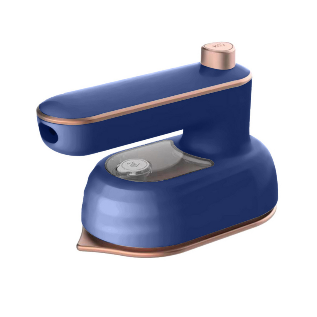 Compact handheld steam iron in blue, with a sleek design, ergonomic handle, and powerful steam for wrinkle-free clothes.