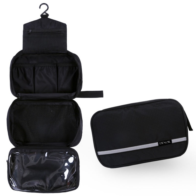 Compact hanging toiletry bag for travel. Organize bathroom essentials in this portable travel organizer.