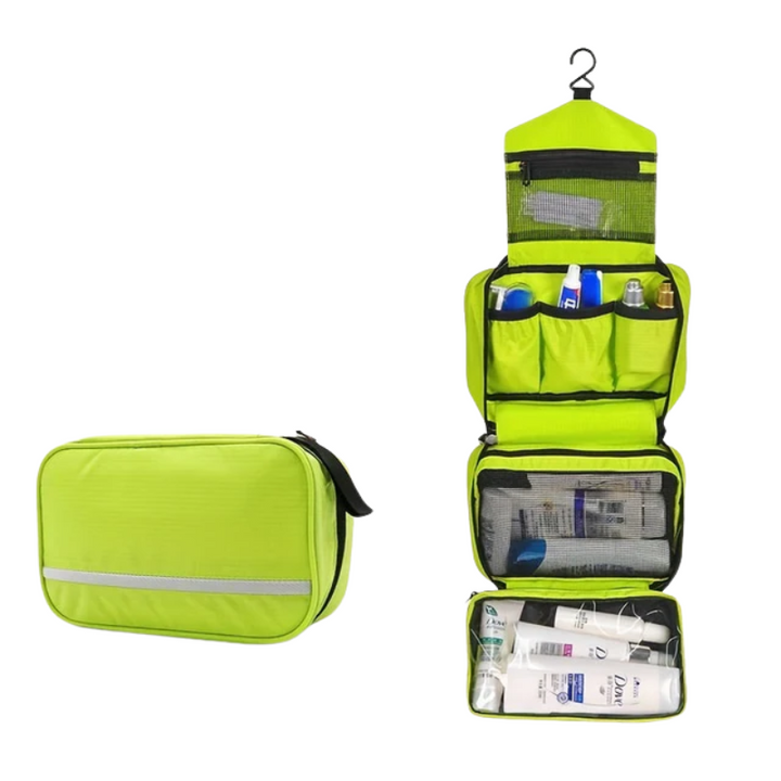 Compact hanging toiletry bag displaying a strong metal hook, perfect for easy hanging in any bathroom.
