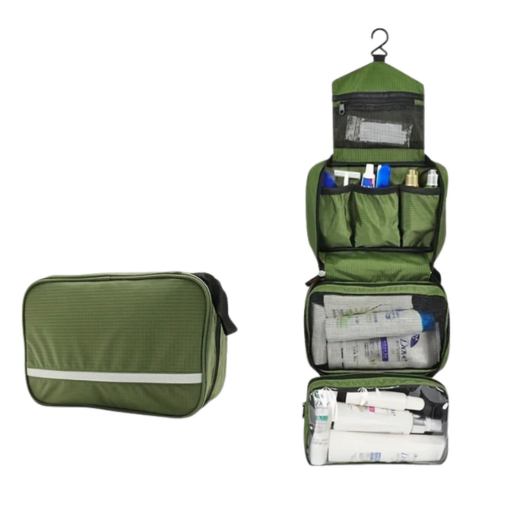 Multi-pocket travel toiletry organizer, designed for efficient packing of cosmetics and personal hygiene items.