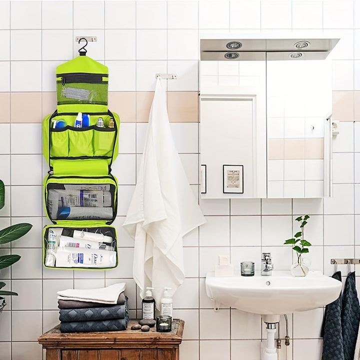 Grey compact toiletry bag filled with travel-sized bottles and essentials, ready for your next trip.