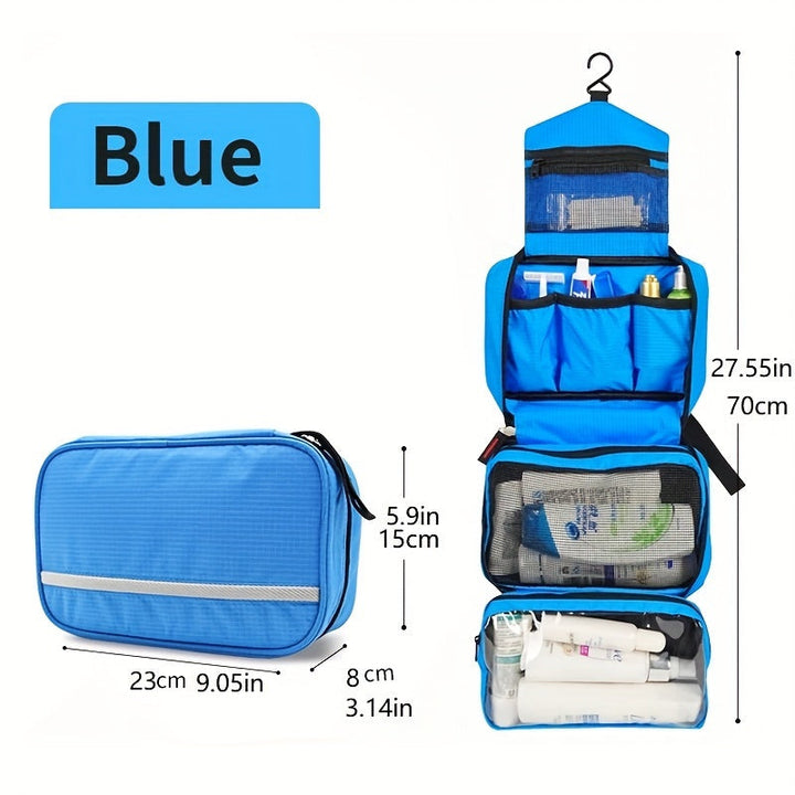 Portable hanging toiletry bag tucked neatly into a suitcase, space-saving for any journey.