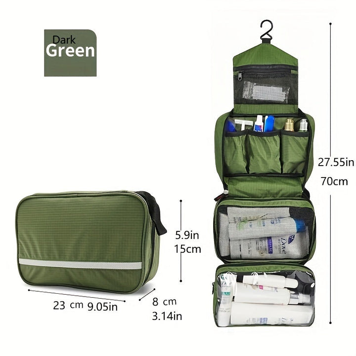 Unisex hanging toiletry organizer pouch, versatile and compact for all travelers' personal care items.
