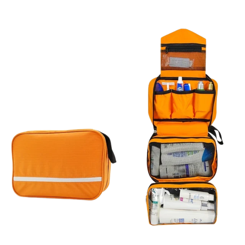 Front view of a black compact travel toiletry bag, featuring a sturdy zipper and convenient carry handle.