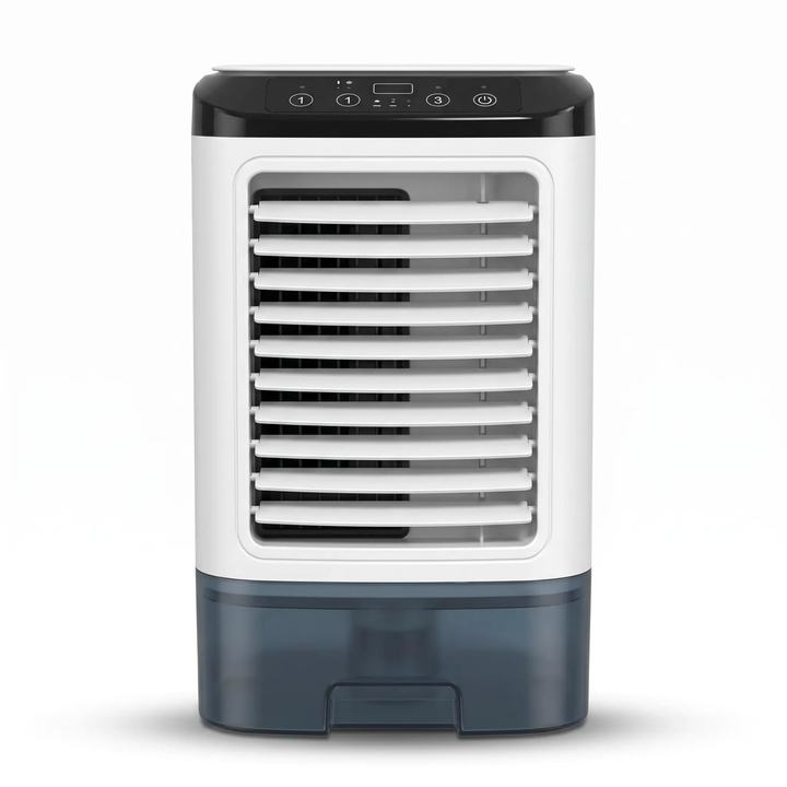 Compact personal portable air conditioner & ultrasonic cooling fan, perfect for desk or bedroom.