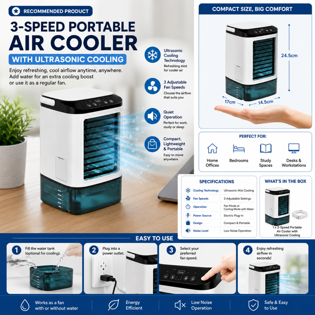 Personal desk fan & mini AC unit, an ultrasonic cooling device for a quiet and comfortable home office.