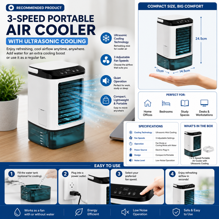 Personal desk fan & mini AC unit, an ultrasonic cooling device for a quiet and comfortable home office.