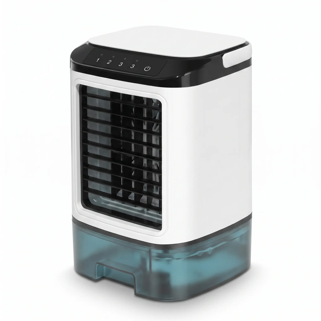Sleek white ultrasonic cooling fan & portable air conditioner, a quiet mini AC for personal comfort.
