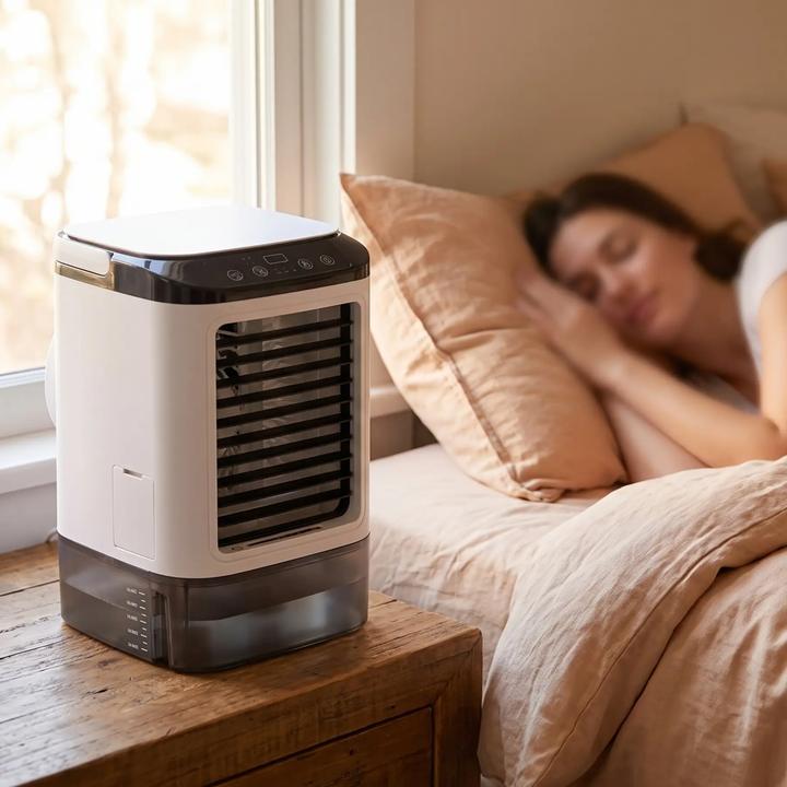 Quiet personal fan & compact air conditioner, an ultrasonic cooling device ideal for bedroom comfort.