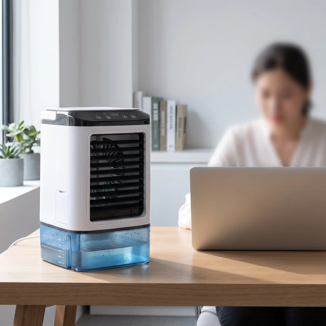 Ultra-compact portable air conditioner, a personal desk fan and quiet ultrasonic cooler for any small space.