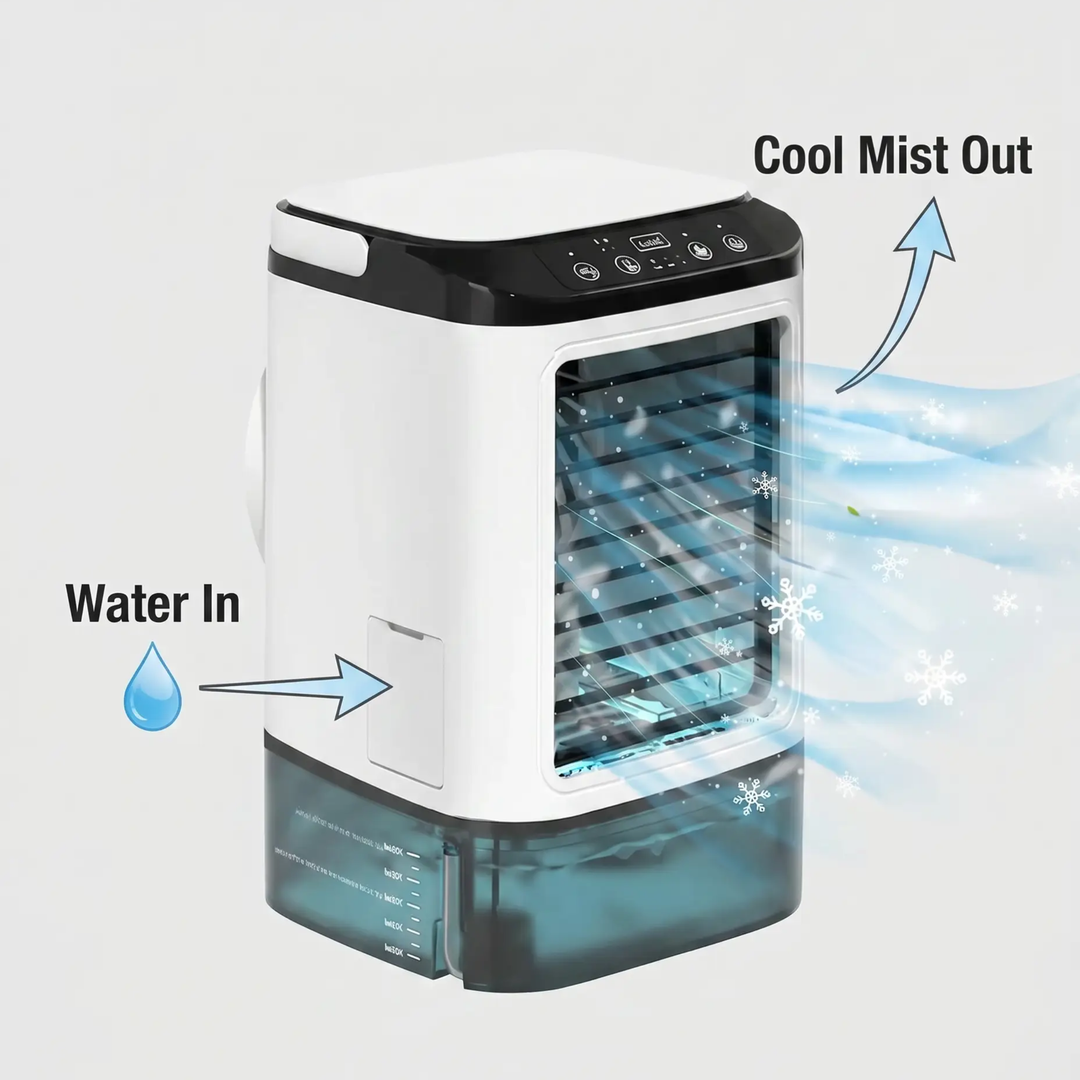 Advanced ultrasonic cooling fan, a personal portable air conditioner providing quiet and efficient relief.