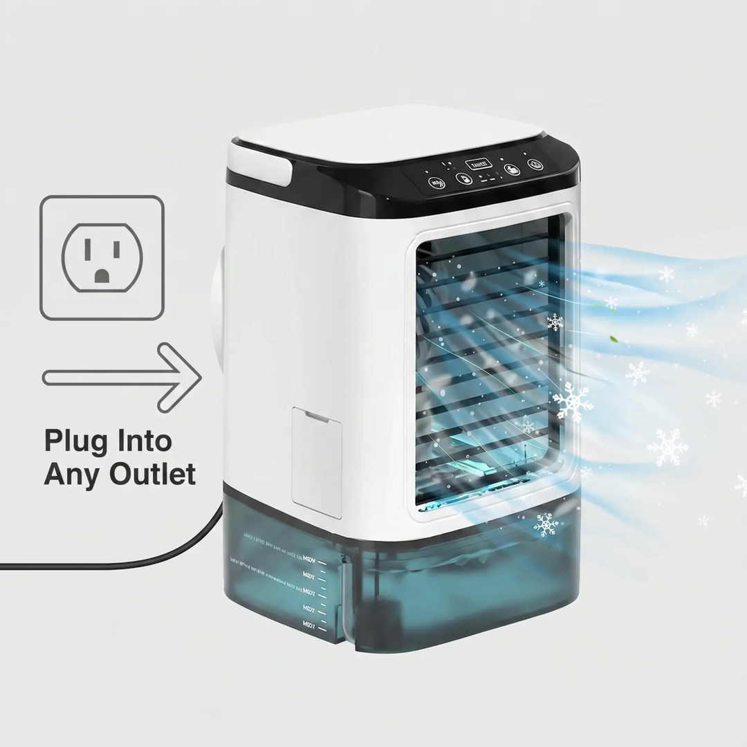 Versatile personal portable air conditioner, a quiet ultrasonic cooling fan and compact desk cooler for home.