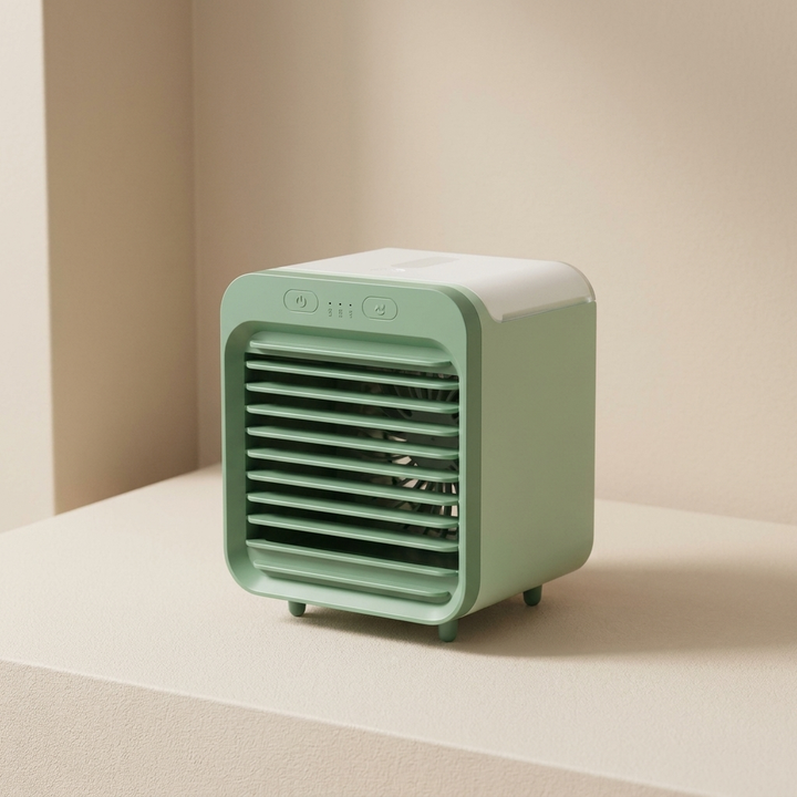 Compact personal portable air cooler with 3-speed fan & LED light, ideal for desk, office, or bedroom cooling.