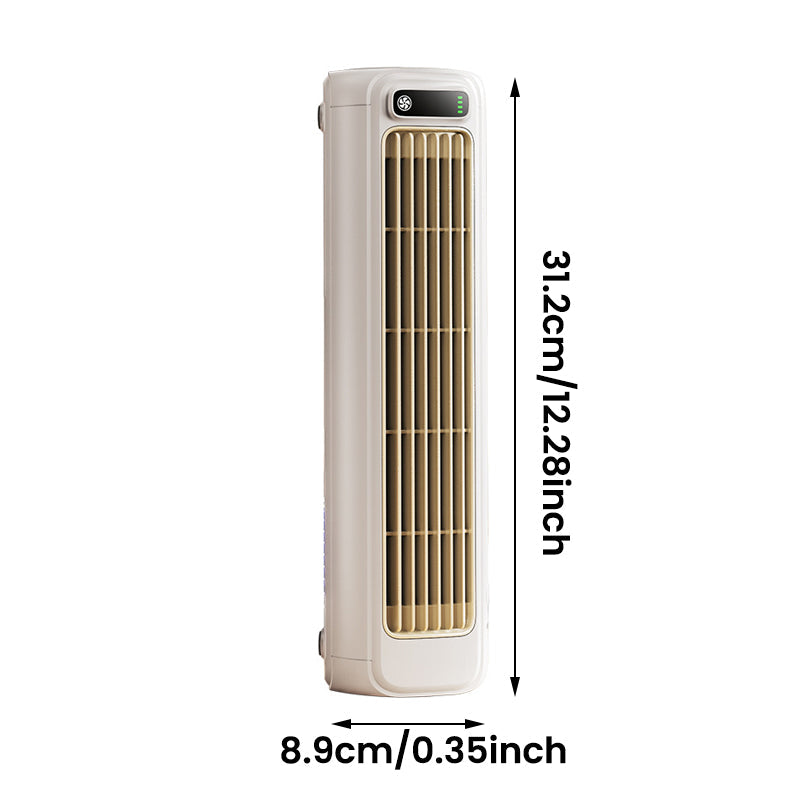 Rechargeable personal portable air conditioner. Compact, battery-powered mini AC with 12-hour cooling fan.