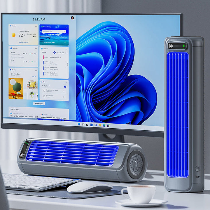 Quiet personal portable AC. Rechargeable mini cooler with long-lasting battery for peaceful cooling at home.
