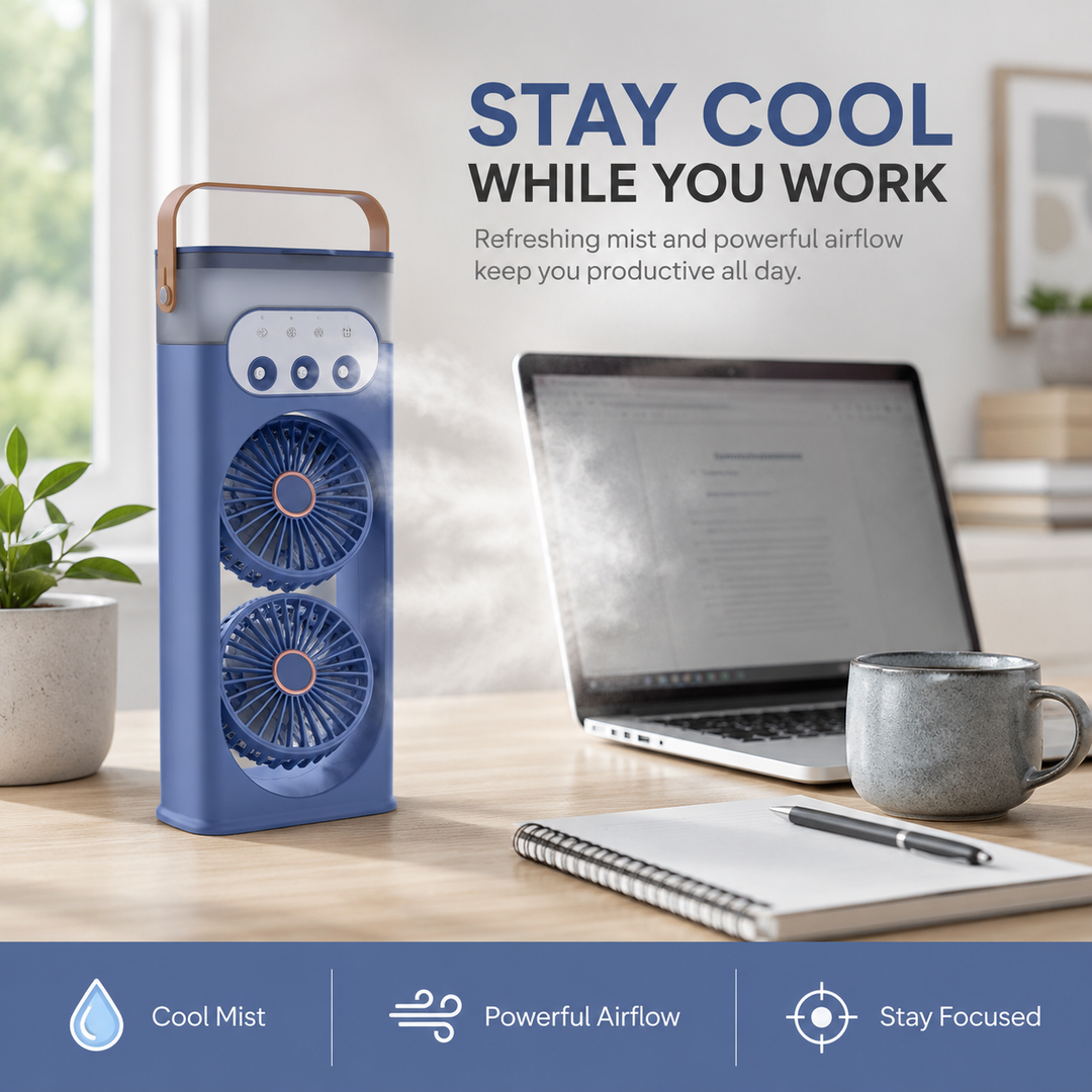 Compact cooling fan with humidifier, a portable and quiet addition to any home office setup.