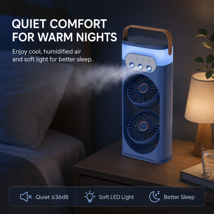 Personal tower fan, USB powered with humidifier & LED light, for desk cooling and improved air.