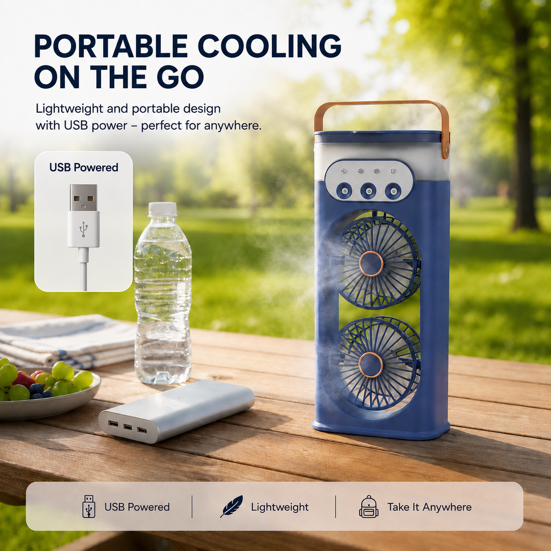 Humidifying desk fan, a quiet portable cooling tower for personal use in home or office.