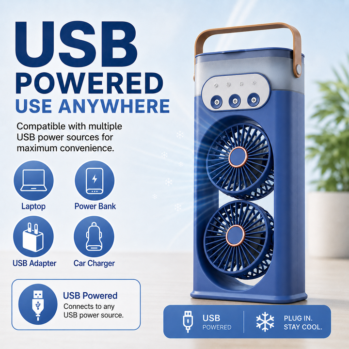 Small desktop cooling fan with humidifier and night light, designed for personal comfort.