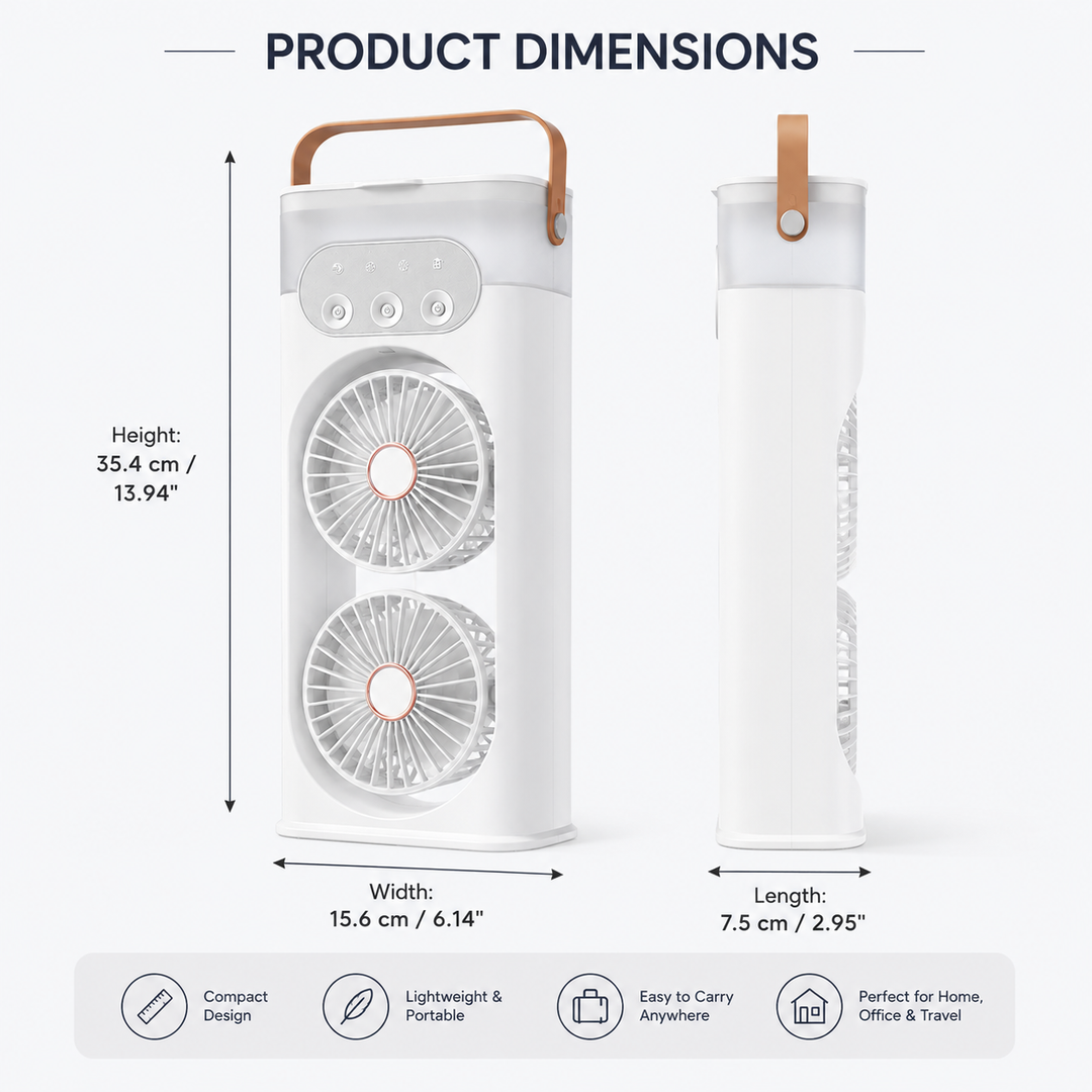 Portable USB desk tower fan with humidifying mist, perfect for a cool and quiet personal space.