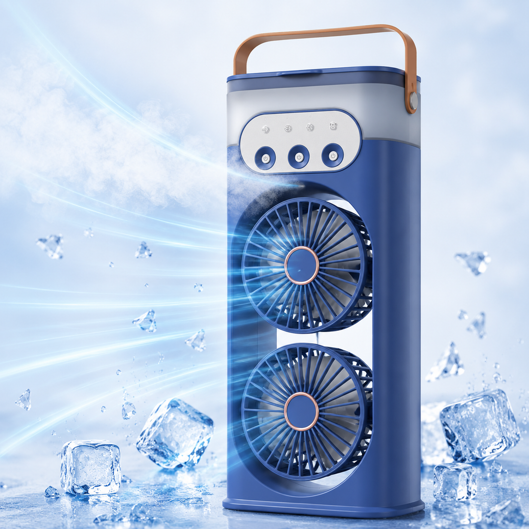 Portable USB desk fan with humidifying mist, ideal for personal cooling and a quiet workspace.