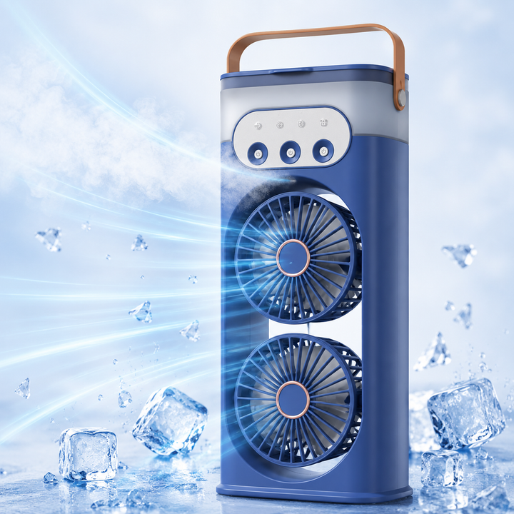Portable USB desk fan with humidifying mist, ideal for personal cooling and a quiet workspace.