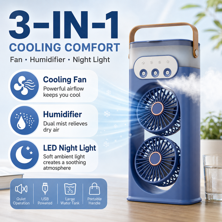 Quiet personal desk fan with LED night light & humidifier function, great for sleep or office.