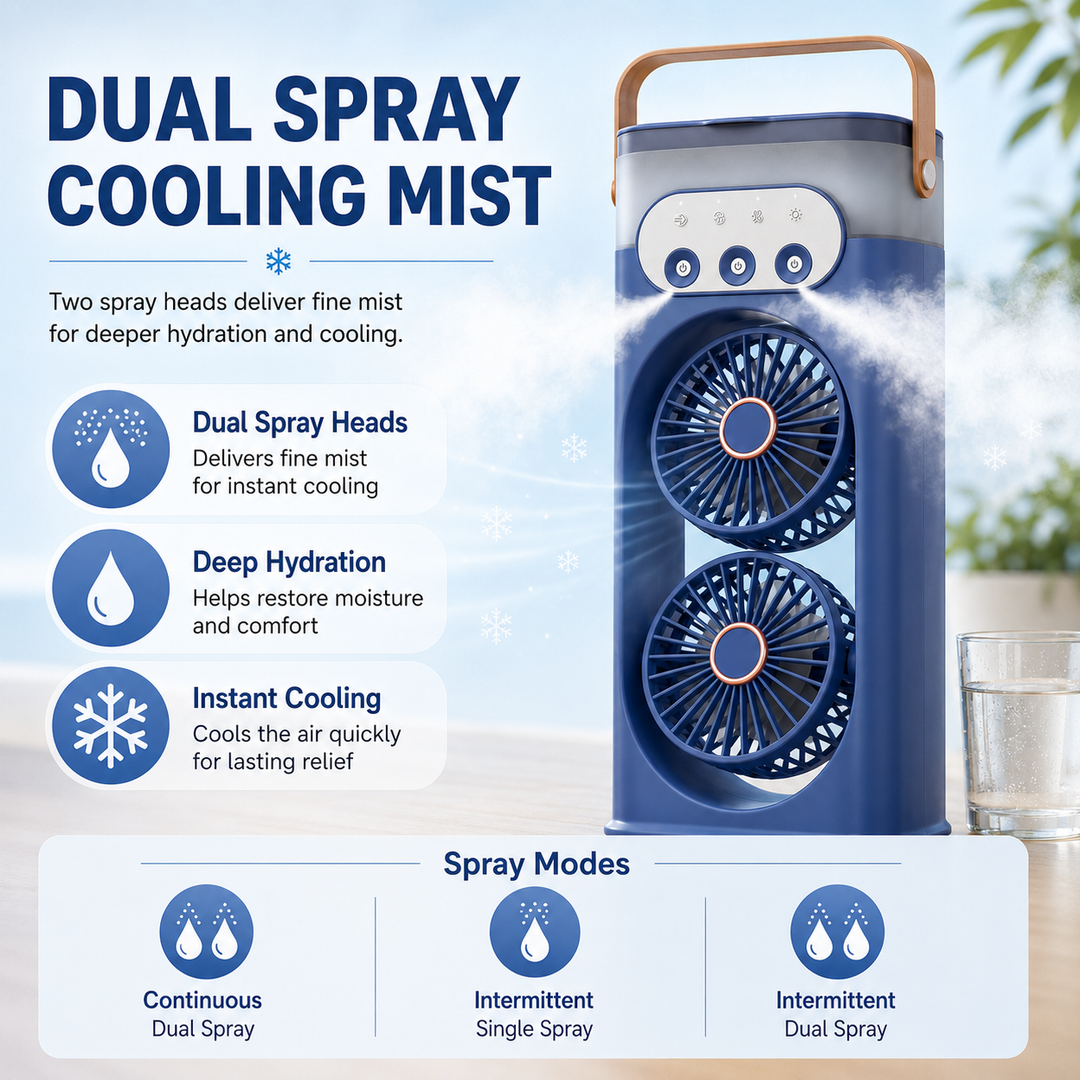 USB powered compact fan with humidification, offering personal cooling for home or office.