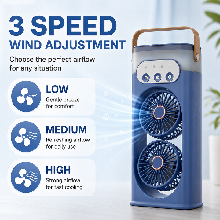 Modern tower desk fan with integrated humidifier for enhanced personal cooling and comfort.