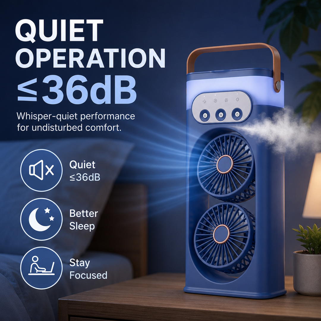 Small portable fan & humidifier combo, a quiet solution for your home office or bedside table.