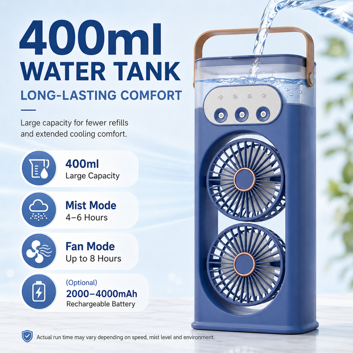 Desk tower fan with cool mist humidifier, providing a refreshing personal cooling experience.