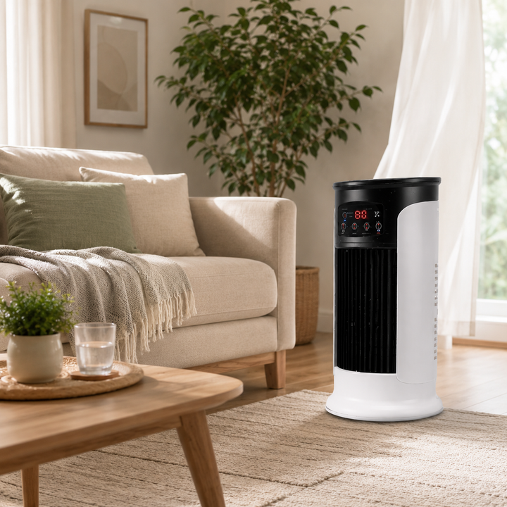 Portable AC unit, compact evaporative cooler for home comfort, ideal for bedroom, office, or travel.