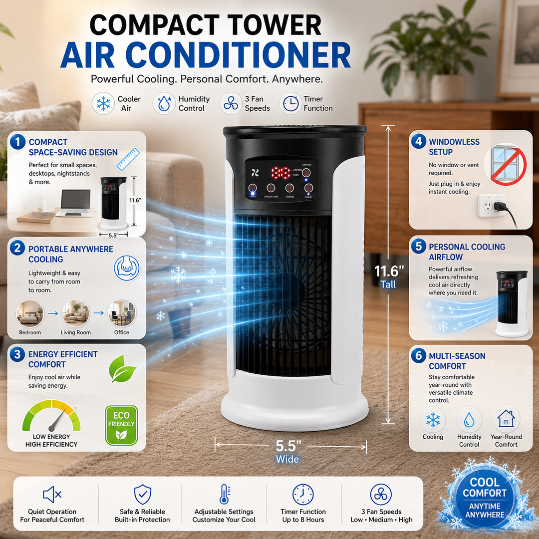 Energy-efficient portable air conditioner, compact room cooler providing personal cooling for small spaces.