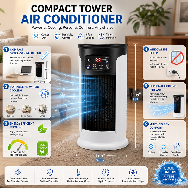 Energy-efficient portable air conditioner, compact room cooler providing personal cooling for small spaces.