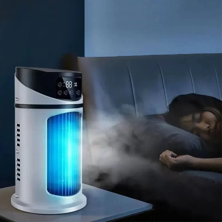 Compact portable air conditioner & evaporative cooler. Ideal personal desktop fan for small space cooling in home or office.