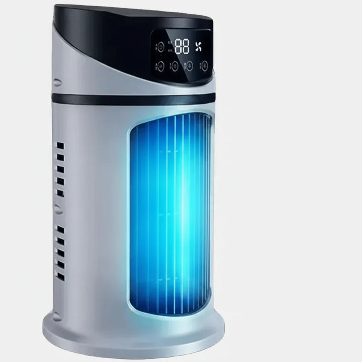 Portable evaporative cooler fan with humidifier for personal cooling. Perfect compact air cooler for bedroom or desktop.
