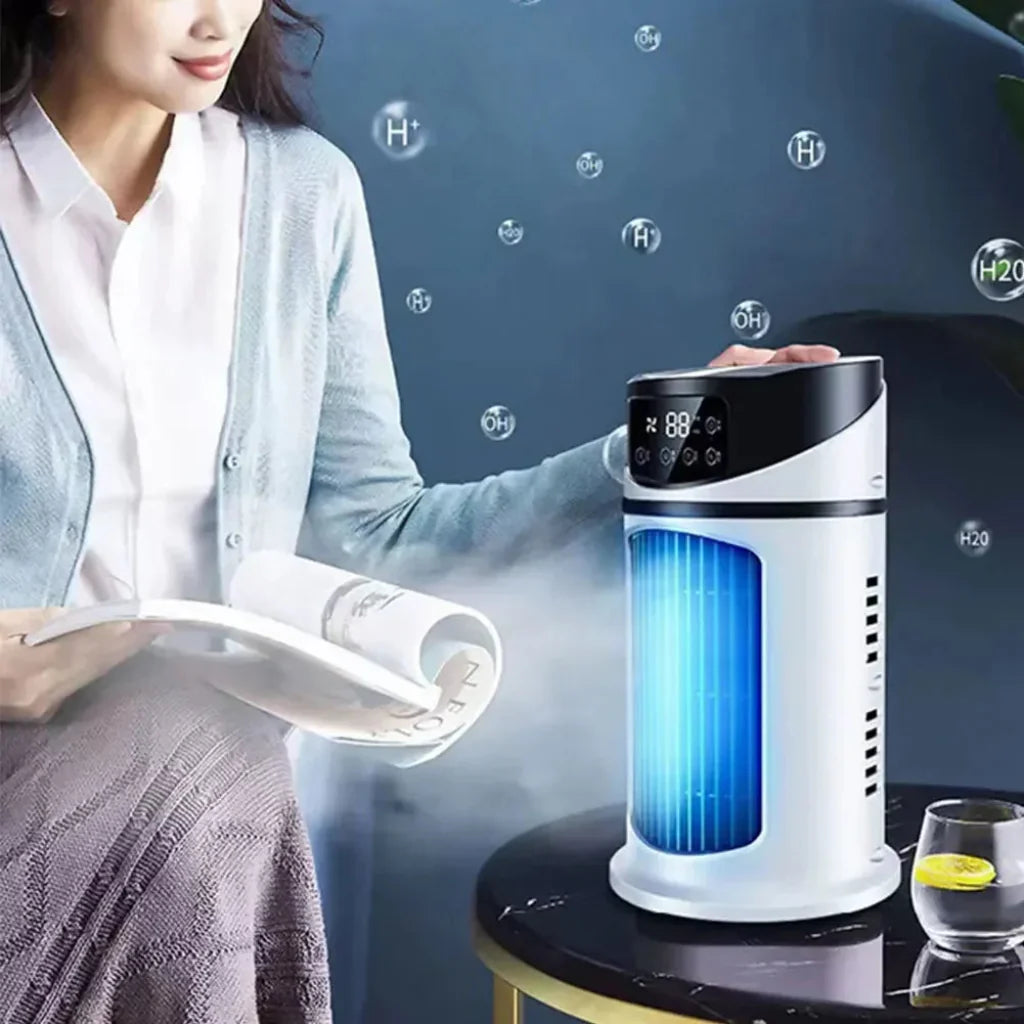 Sleek portable air cooler fan, a compact desktop evaporative cooler for personal use. Easy small space cooling solution.