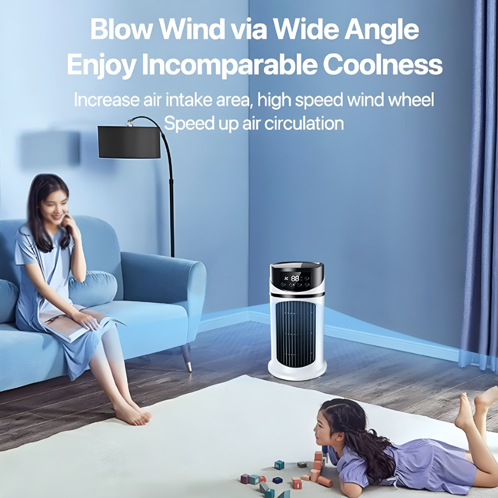 Portable electric air cooler & desk fan for personal cooling in small home or office spaces. Compact design.