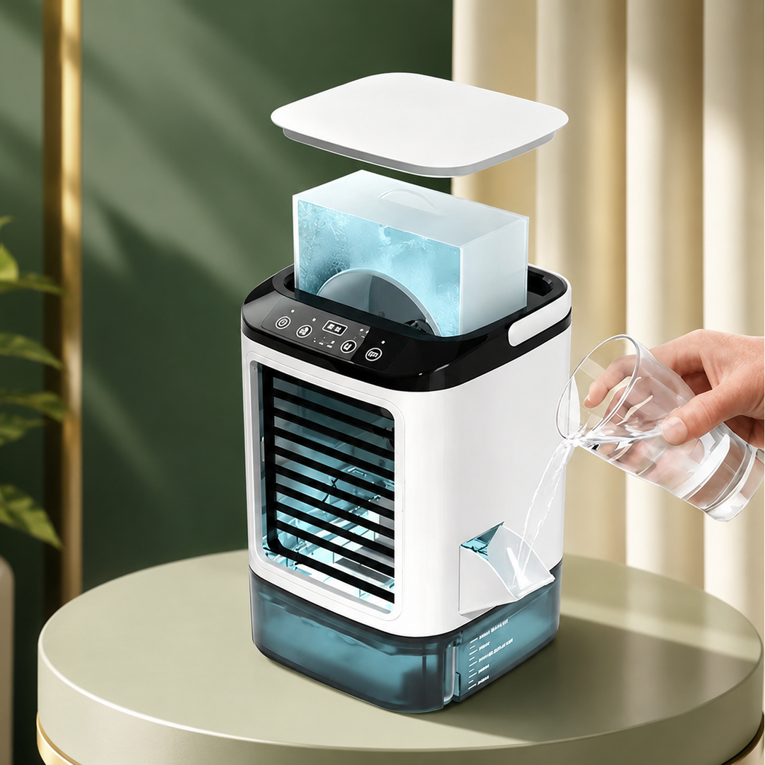 Compact portable desk air cooler with misting function & ice box, perfect for personal comfort at home or office.