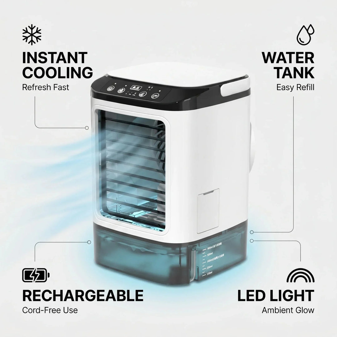 USB portable misting desk fan with ice box for rapid personal cooling. Quiet, bladeless, & energy-efficient.