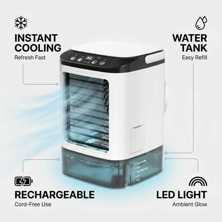 USB portable misting desk fan with ice box for rapid personal cooling. Quiet, bladeless, & energy-efficient.