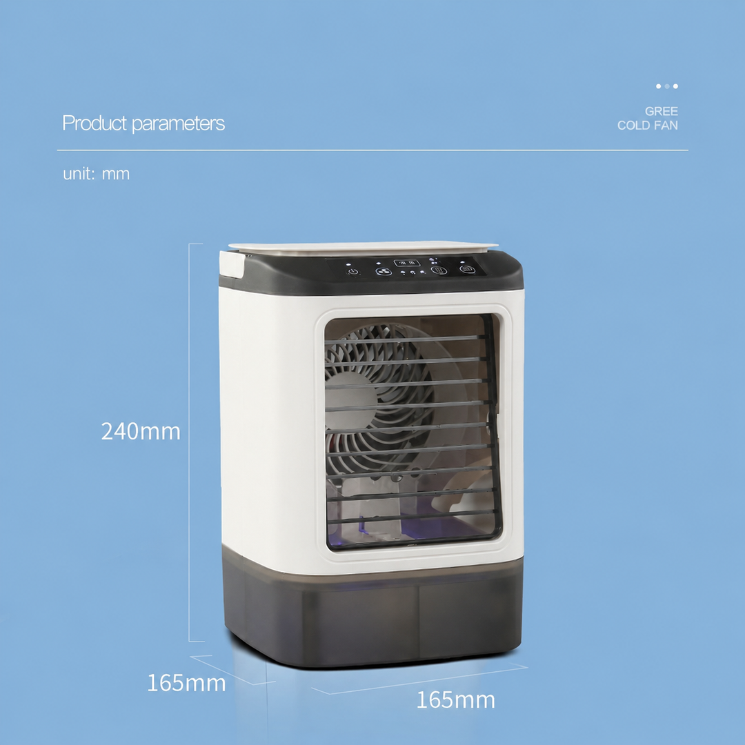 Portable air cooler for desks featuring misting and ice box. Ideal personal fan for any room or workspace.