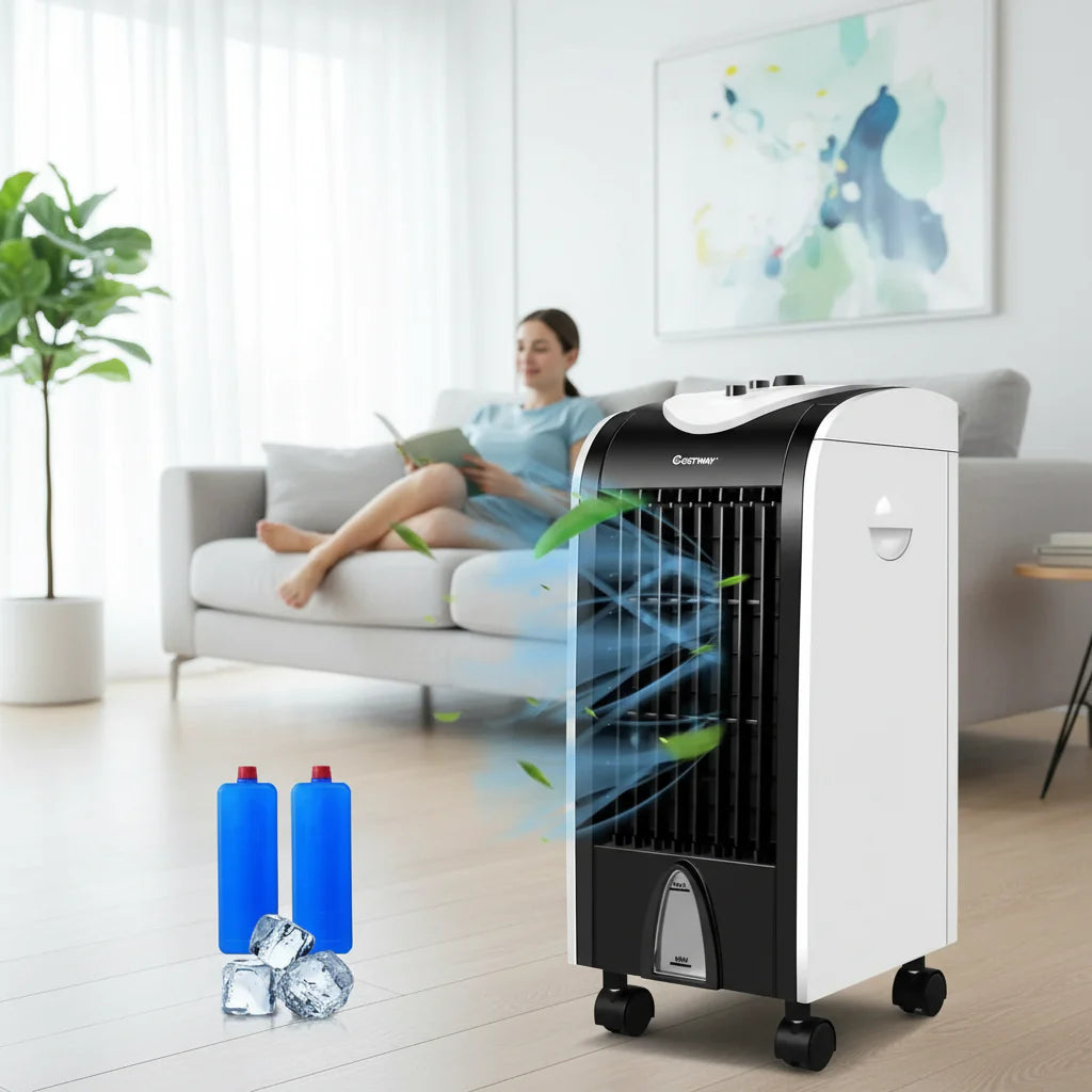 Compact portable evaporative cooler for personal comfort. Ideal for desk, bedroom, or small office space.
