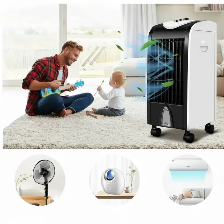 Quiet evaporative personal fan. Portable humidifying cooler for indoor use, perfect for dry air relief.