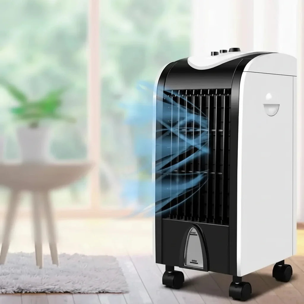 Small portable evaporative air cooler for home or office. Compact personal fan & humidifying device.