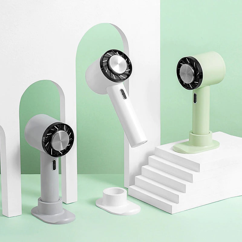 "Compact portable handheld air cooling fan, minimalist design with powerful cooling, perfect for travel and home use."