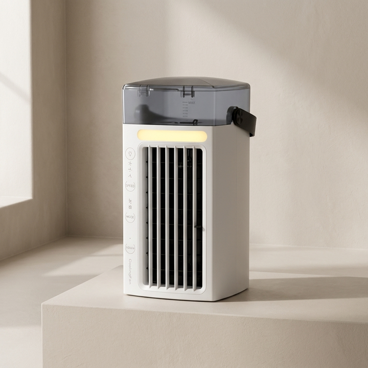Compact portable personal air cooler, lightweight USB powered desk fan for indoor/outdoor cooling comfort.